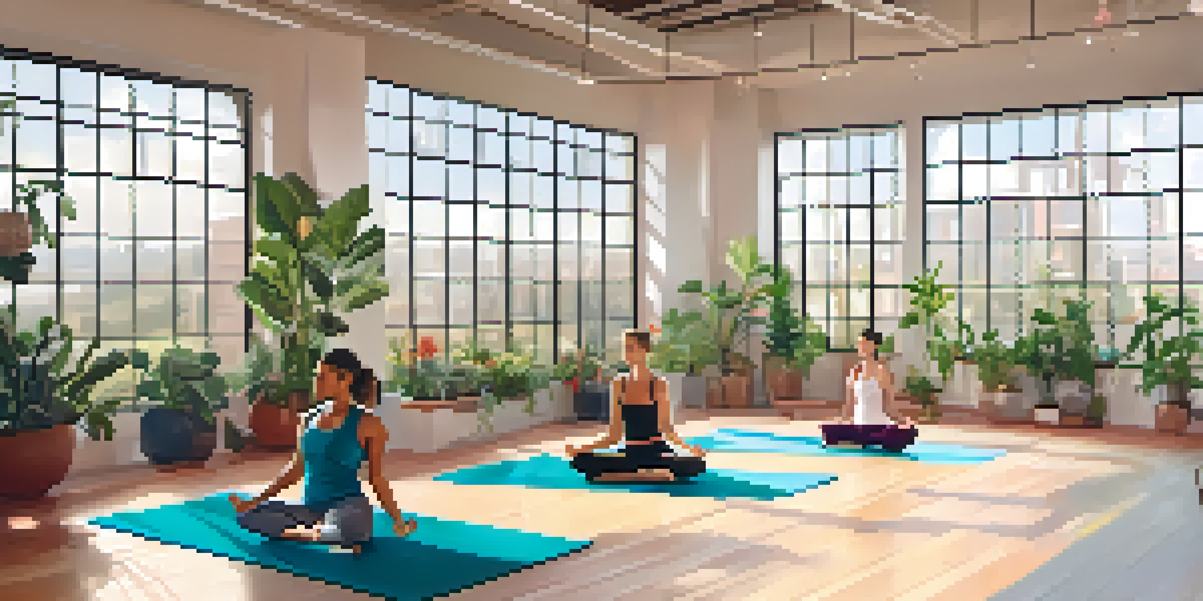 A fitness studio with people doing yoga in a well-lit space, surrounded by plants.