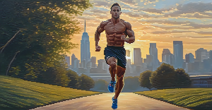 A bodybuilder sprinting outdoors during a high-intensity interval training session, with a city skyline and sunset in the background.