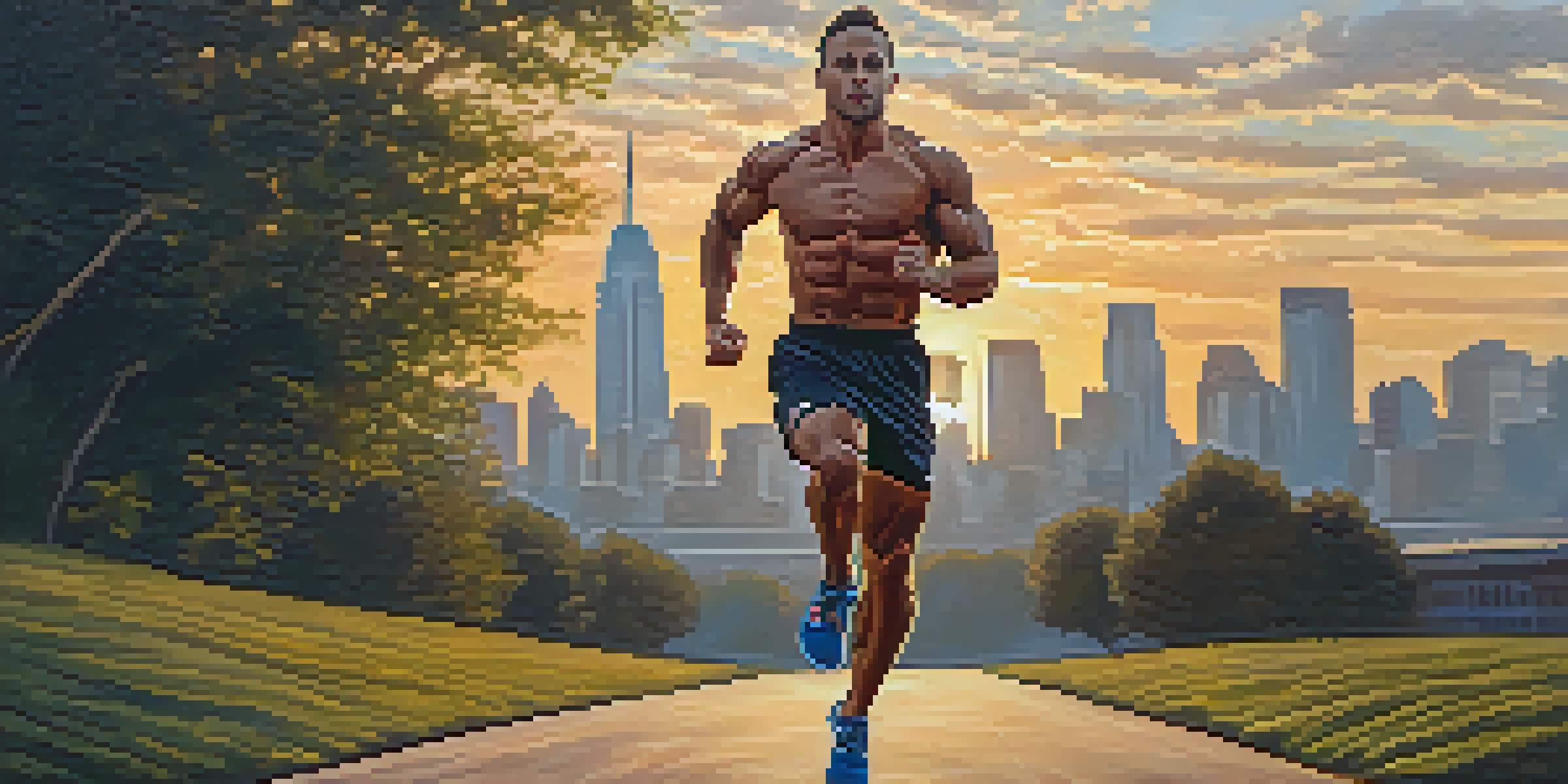 A bodybuilder sprinting outdoors during a high-intensity interval training session, with a city skyline and sunset in the background.