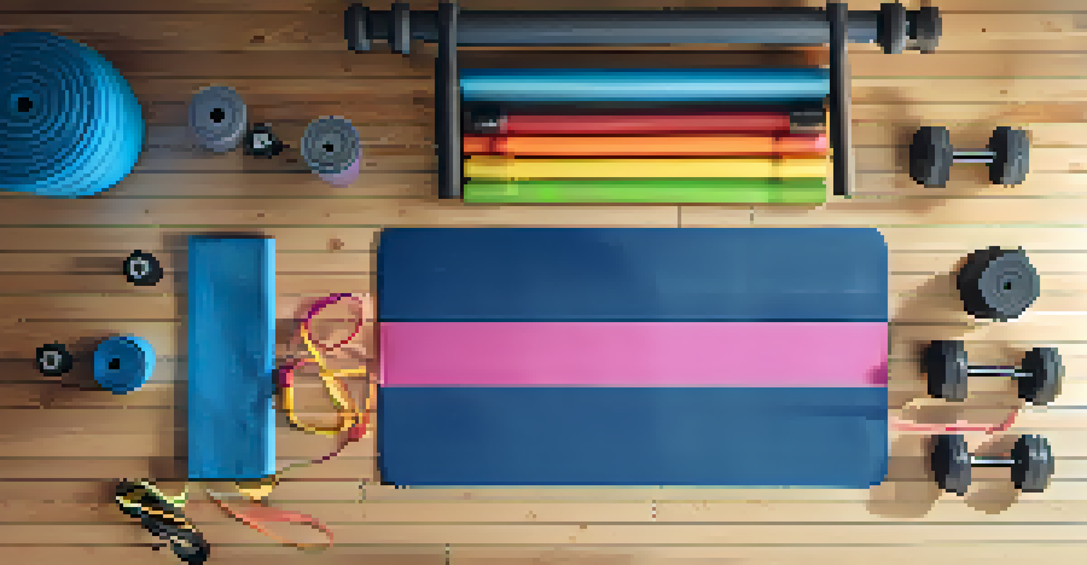 An organized workout space with colorful resistance bands, a yoga mat, dumbbells, and a water bottle, all illuminated by soft natural light.