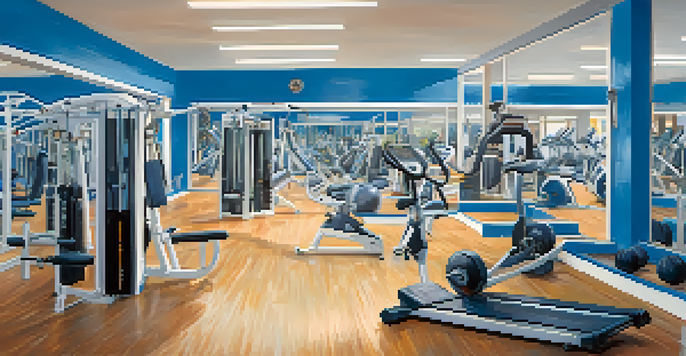 A bodybuilder performing dynamic stretches in a bright gym, surrounded by workout equipment.