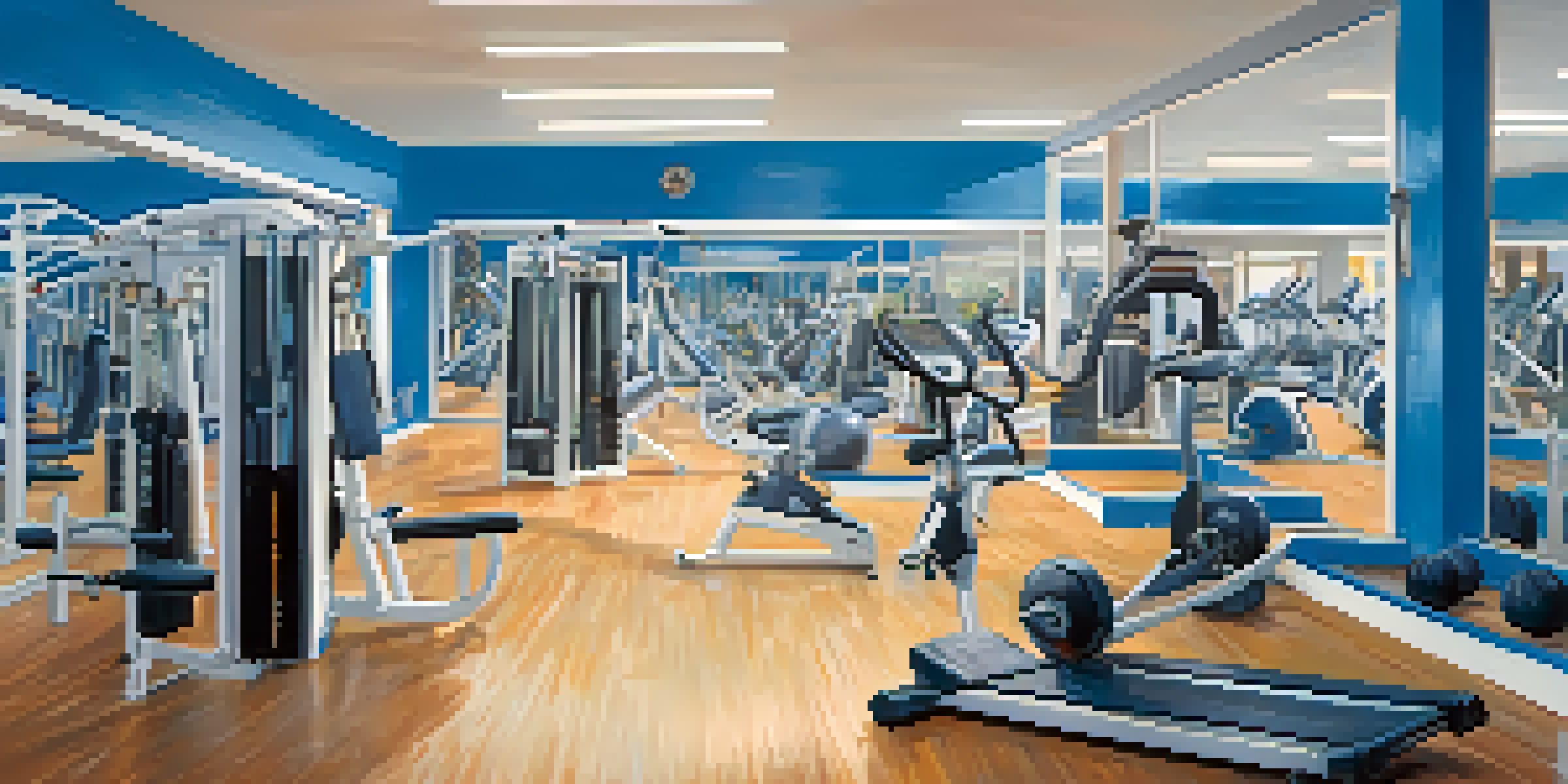 A bodybuilder performing dynamic stretches in a bright gym, surrounded by workout equipment.