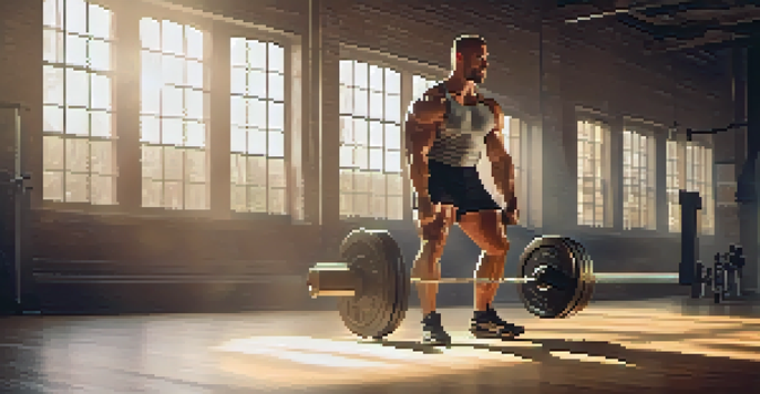 A muscular man performing a deadlift in a sunlit gym, surrounded by weights and exercise equipment, with motivational quotes on the walls.