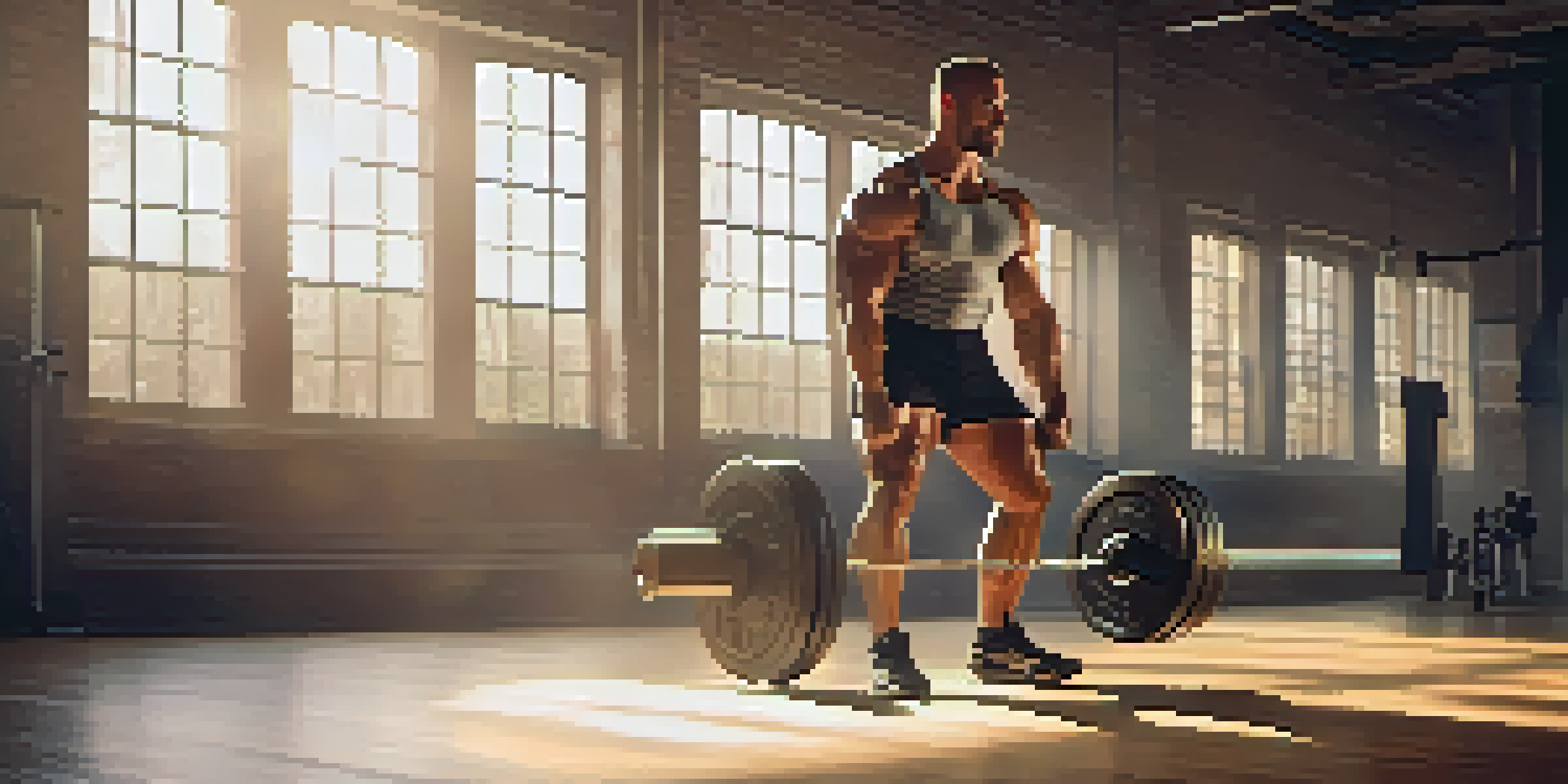 A muscular man performing a deadlift in a sunlit gym, surrounded by weights and exercise equipment, with motivational quotes on the walls.