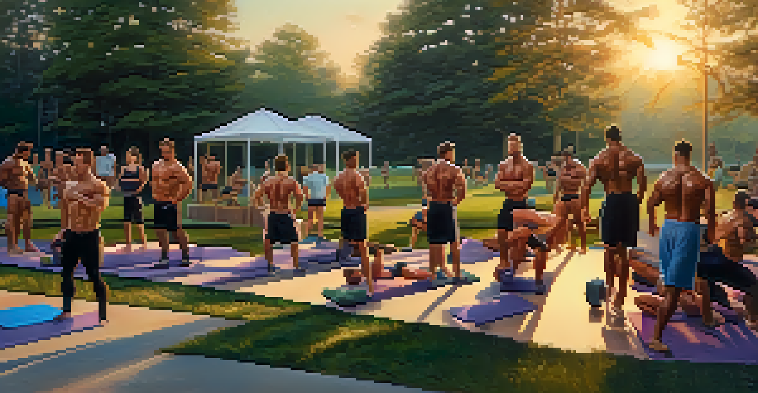 A group of bodybuilders exercising outdoors during sunset, showcasing friendship and teamwork.