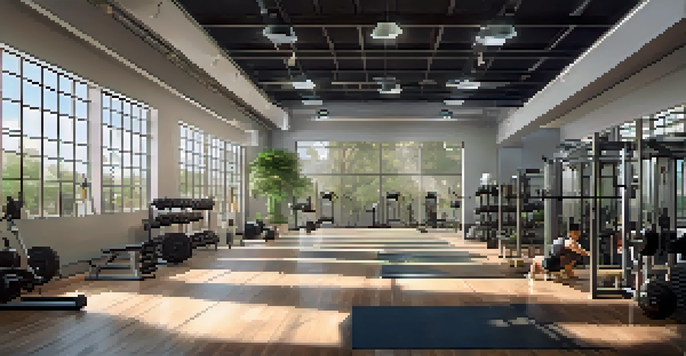 A bright gym with diverse bodybuilders training together, surrounded by motivational quotes and plants.