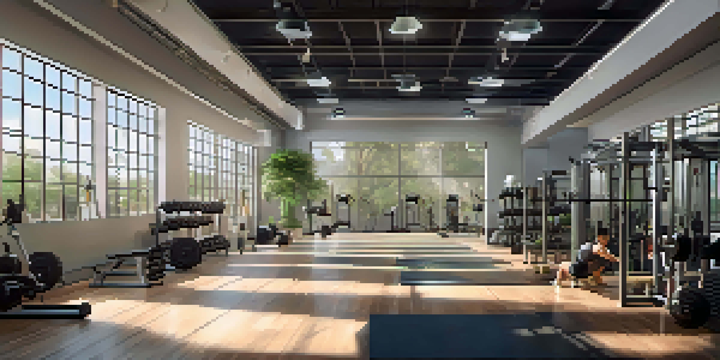A bright gym with diverse bodybuilders training together, surrounded by motivational quotes and plants.