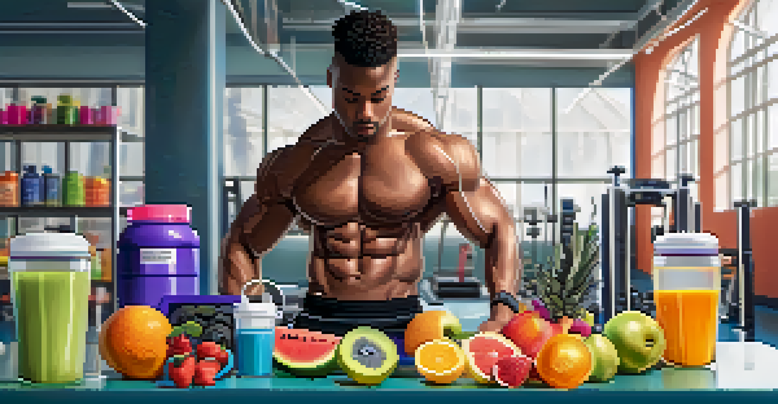 A person making a protein shake in a bright gym, blending fruits and protein powder.