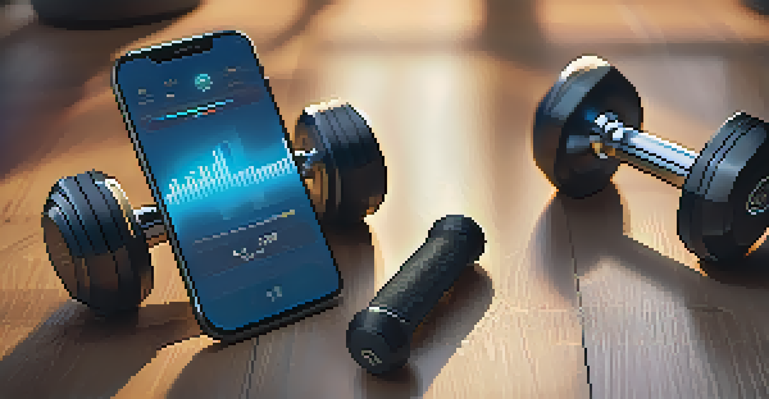 A close-up view of smart dumbbells on a wooden floor next to a smartphone with a fitness app, showcasing their futuristic design and glowing interface.