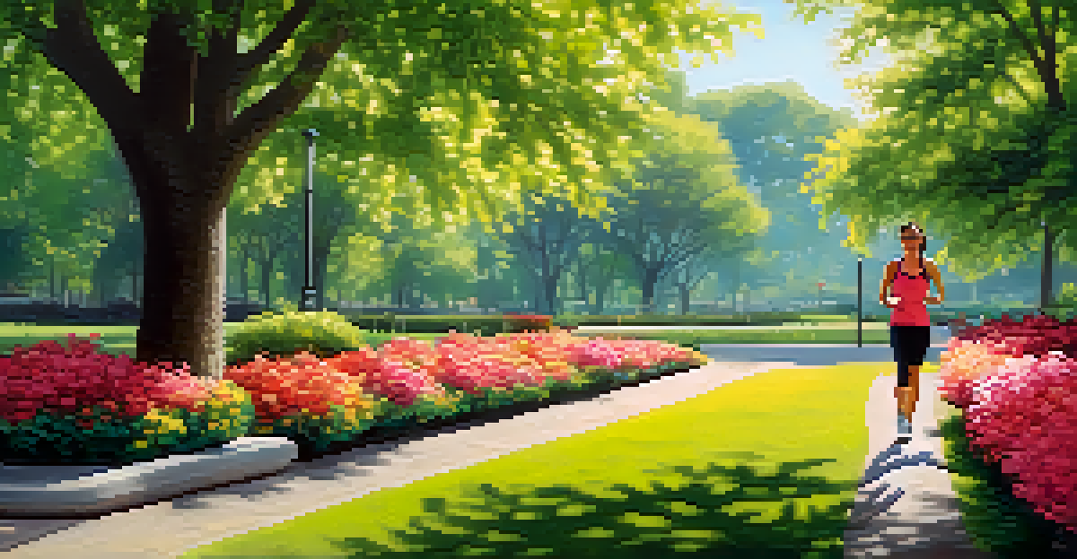 An individual walking briskly in a sunny park, surrounded by greenery and blooming flowers, emphasizing the importance of cardiovascular exercise.