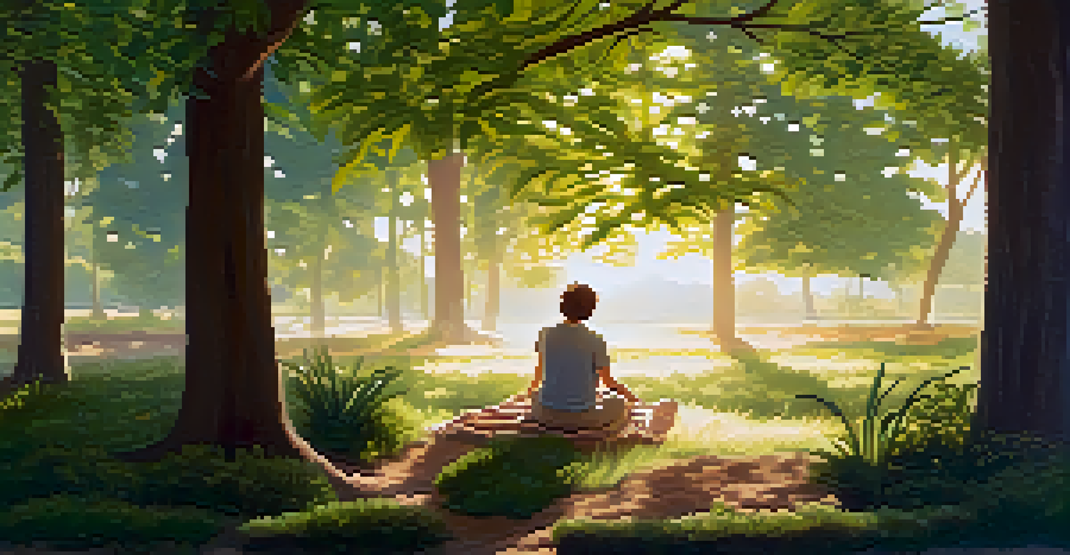 A person exercising outdoors in a peaceful natural setting with sunlight filtering through trees.