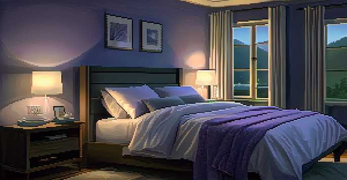 A calming bedroom scene at night with a comfortable bed, ambient lighting, and a lavender diffuser.
