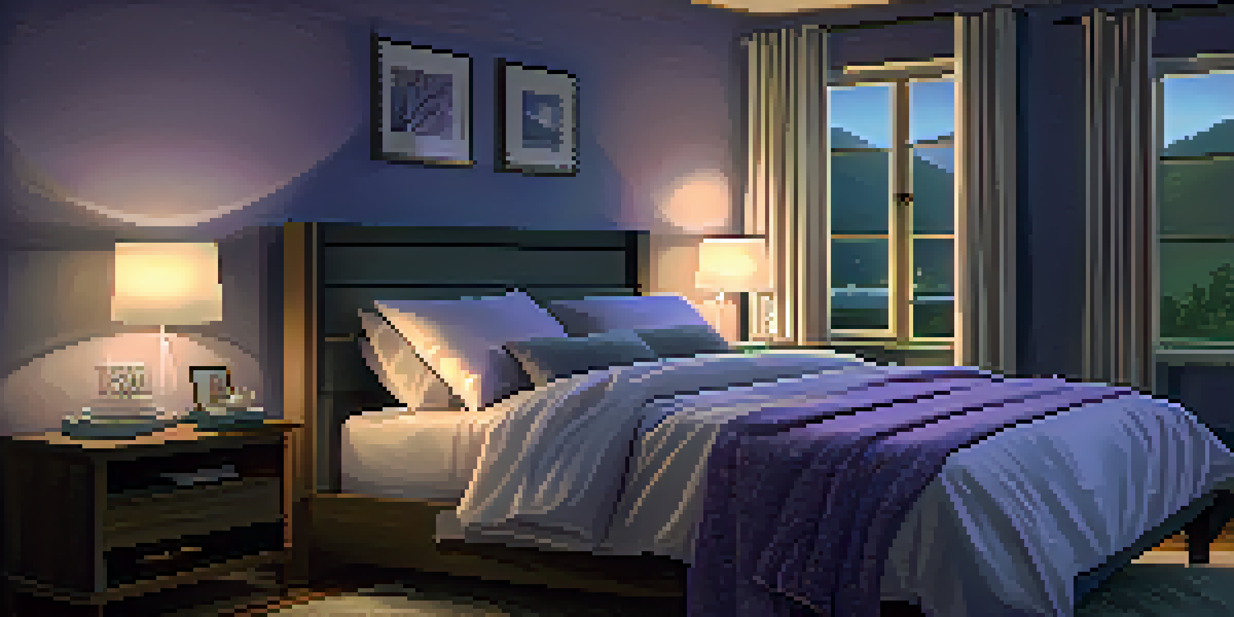 A calming bedroom scene at night with a comfortable bed, ambient lighting, and a lavender diffuser.