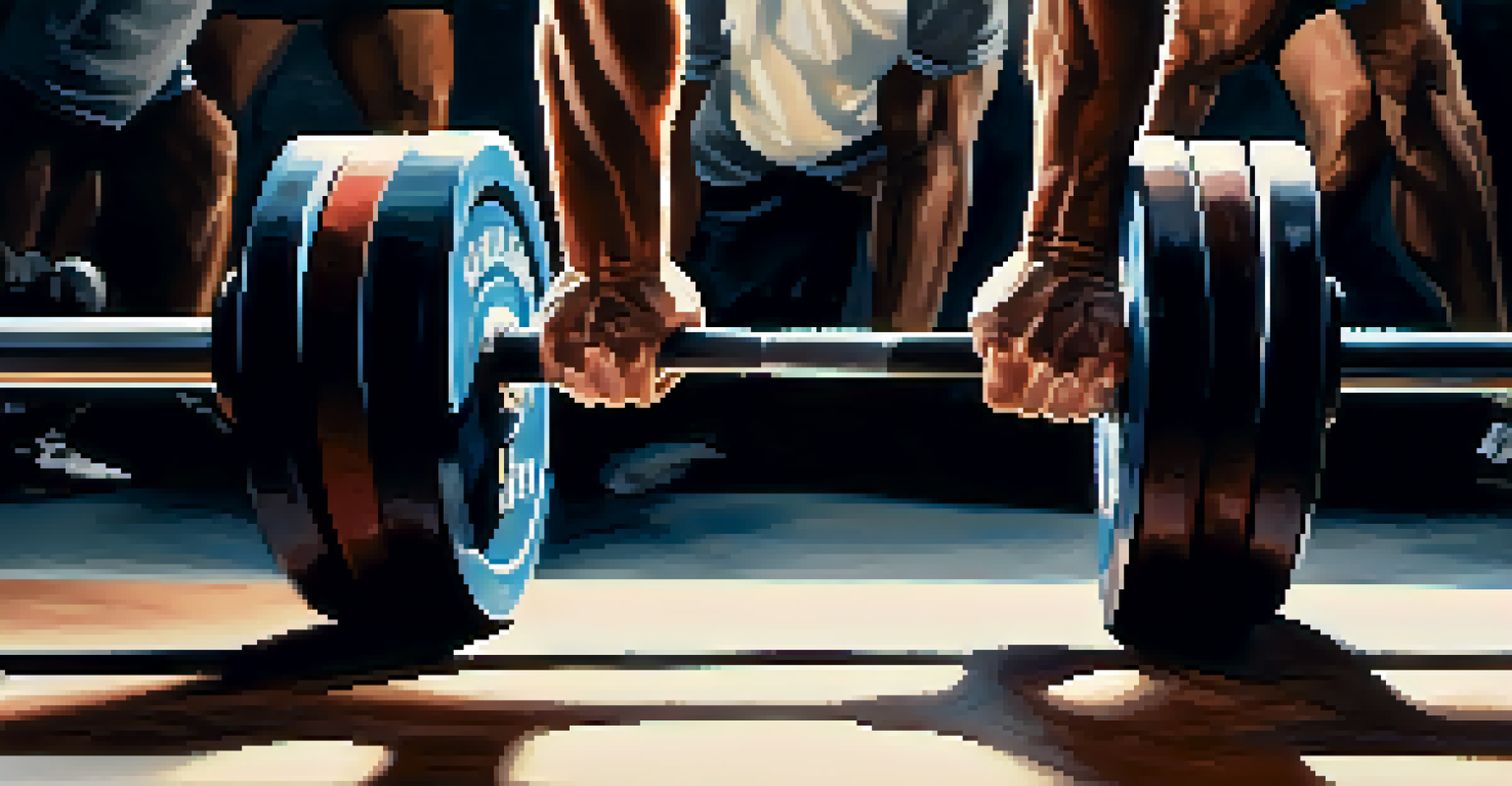 Close-up of hands gripping a barbell with chalk, emphasizing strength and focus.