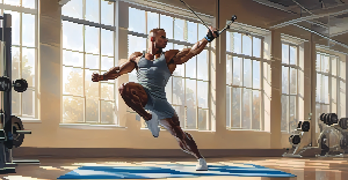 A bodybuilder doing leg swings as part of a dynamic stretching routine in a bright gym filled with equipment and sunlight.