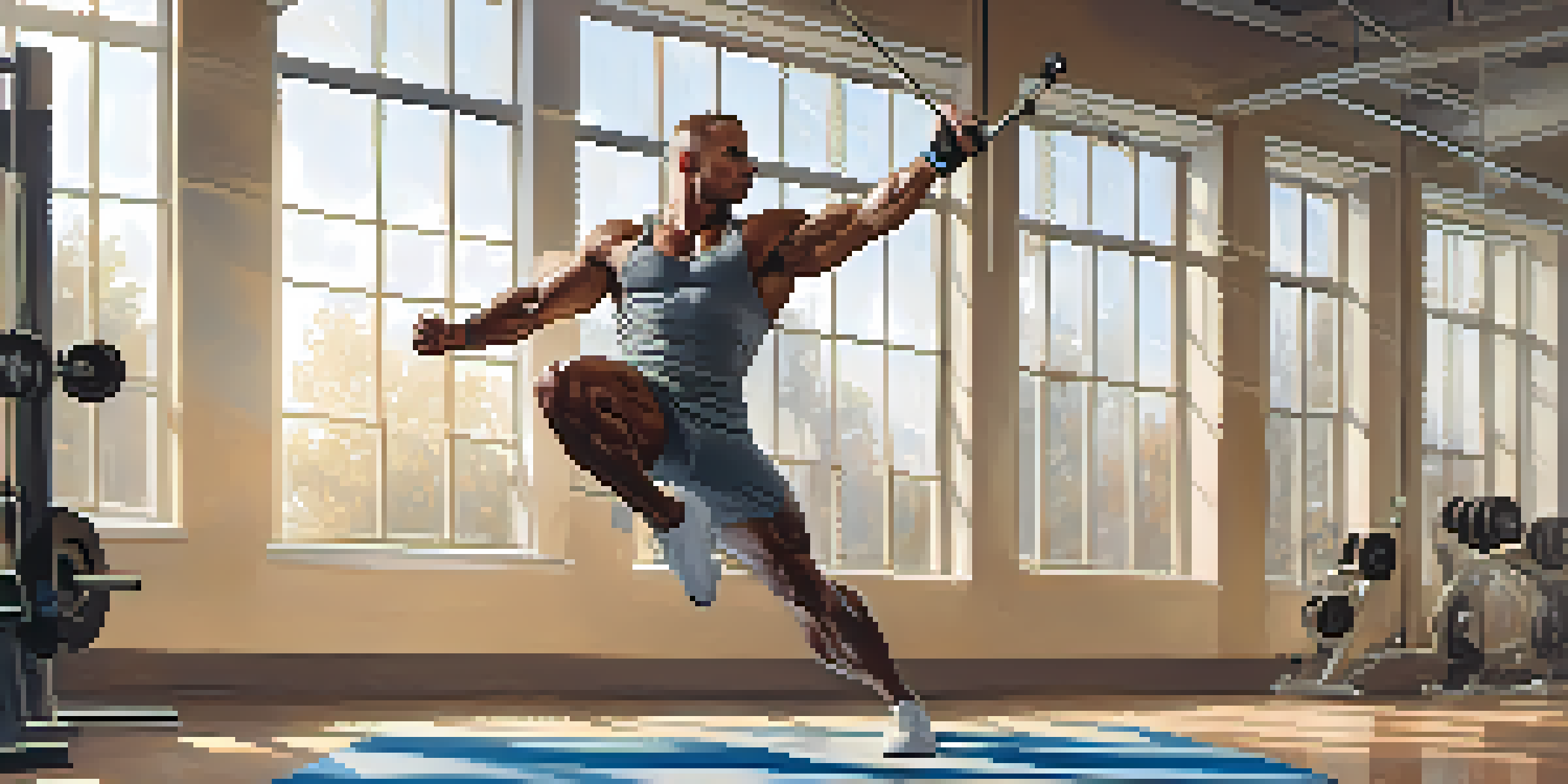 A bodybuilder doing leg swings as part of a dynamic stretching routine in a bright gym filled with equipment and sunlight.