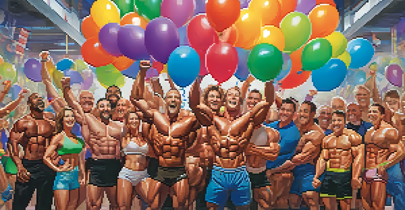A group of bodybuilders celebrating their achievements in a gym with smiles, high-fives, and decorations.
