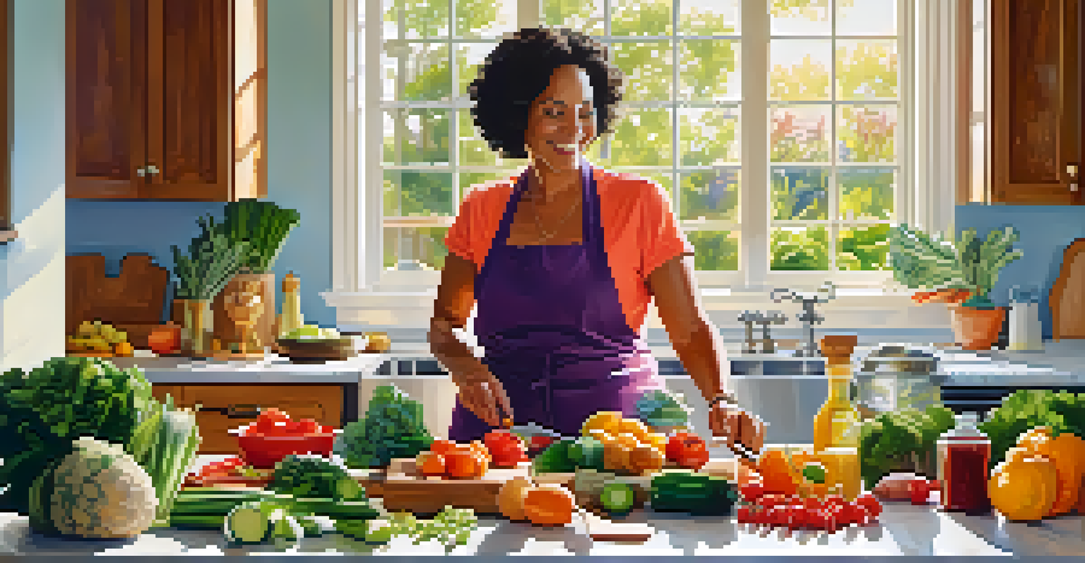 A middle-aged woman happily preparing a healthy meal with colorful whole foods in a bright kitchen.
