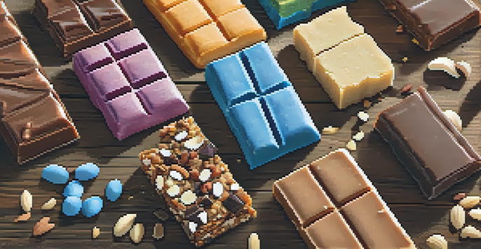 An assortment of protein bars with different textures and ingredients displayed on a wooden table, illuminated by natural light.