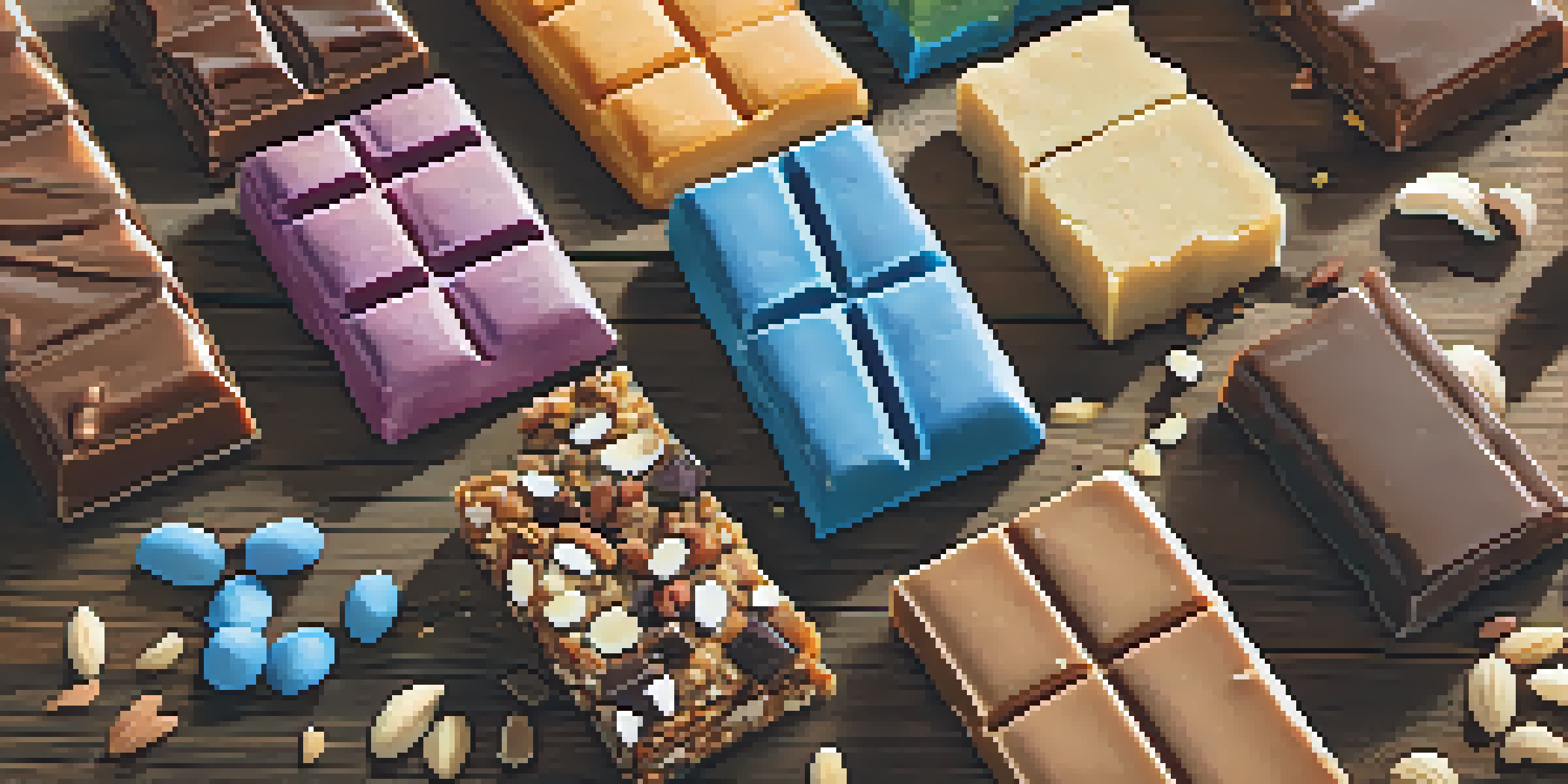 An assortment of protein bars with different textures and ingredients displayed on a wooden table, illuminated by natural light.