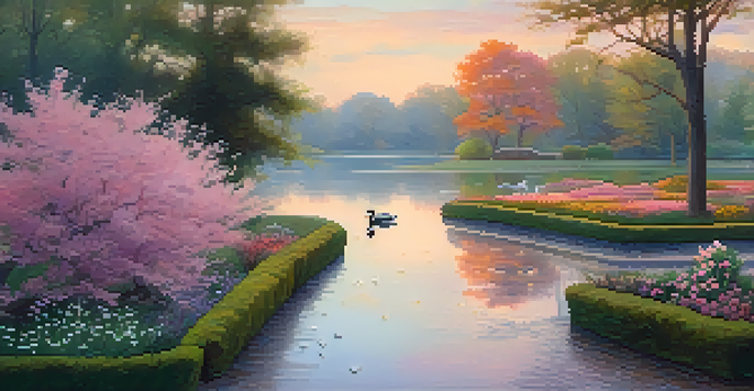 A peaceful park at dawn with a pathway, colorful flowers, a pond with ducks, and a person jogging.