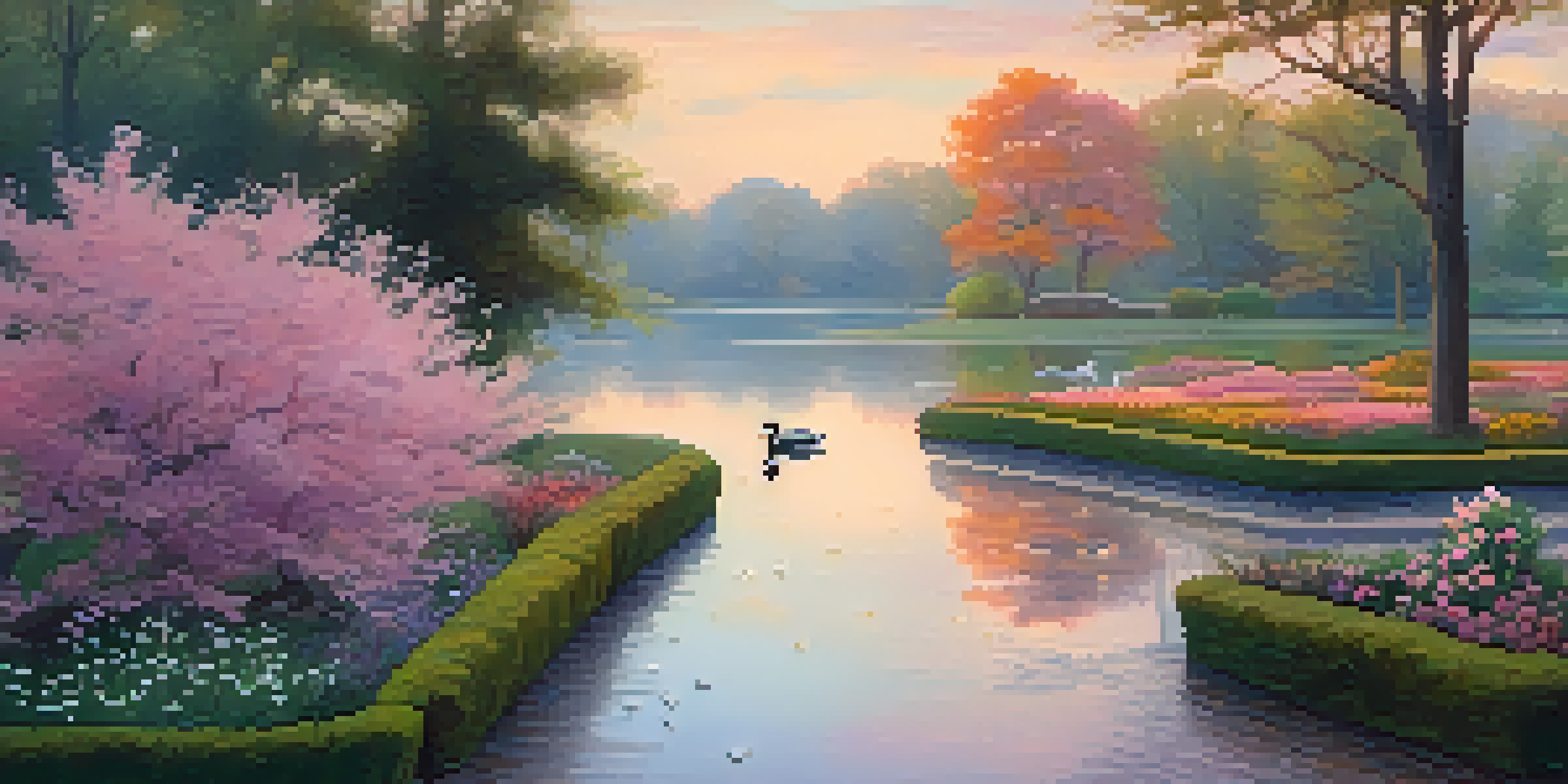 A peaceful park at dawn with a pathway, colorful flowers, a pond with ducks, and a person jogging.