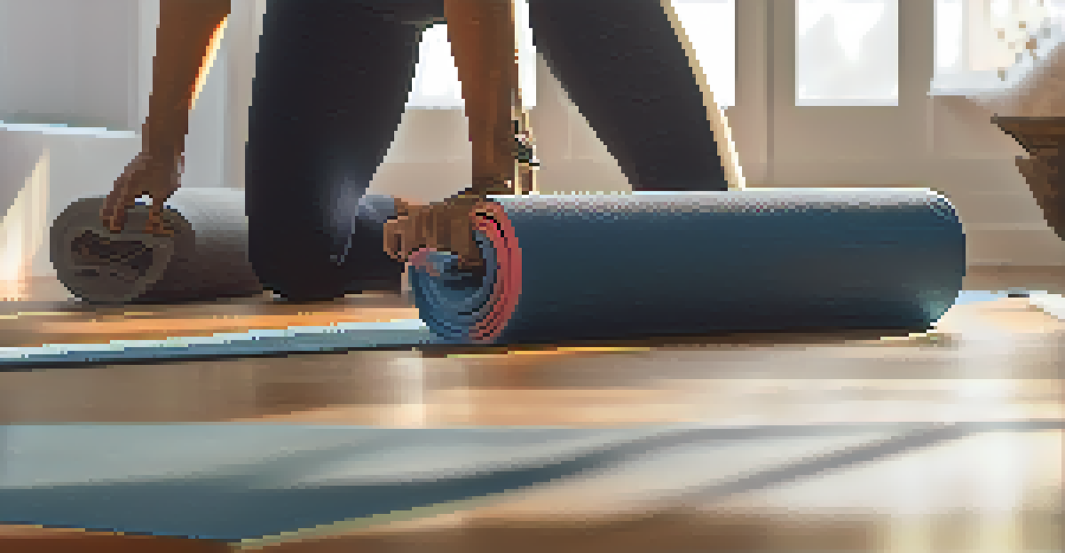Close-up of hands gripping a yoga mat in a serene home workout space, ready for a core exercise session.