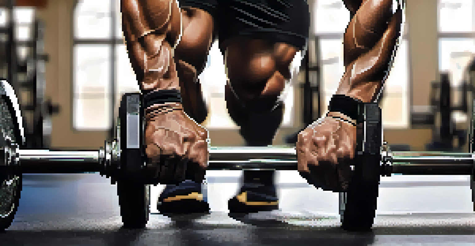 A close-up of a bodybuilder's strong hands gripping a barbell in a warm gym setting.