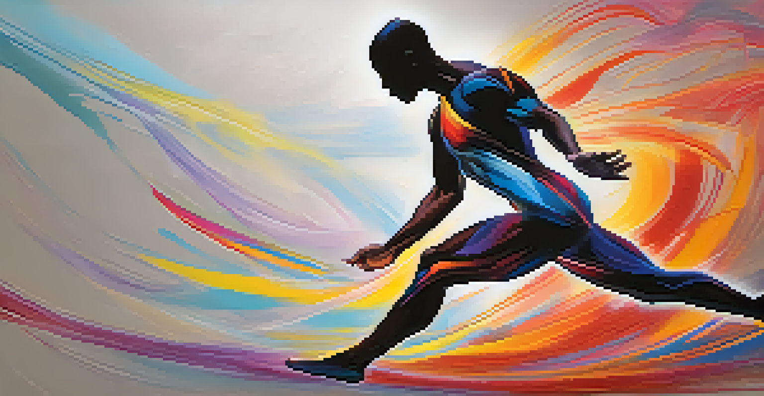 A colorful silhouette of a person in a dynamic pose, with highlighted muscles and abstract shapes in the background representing energy and breath.