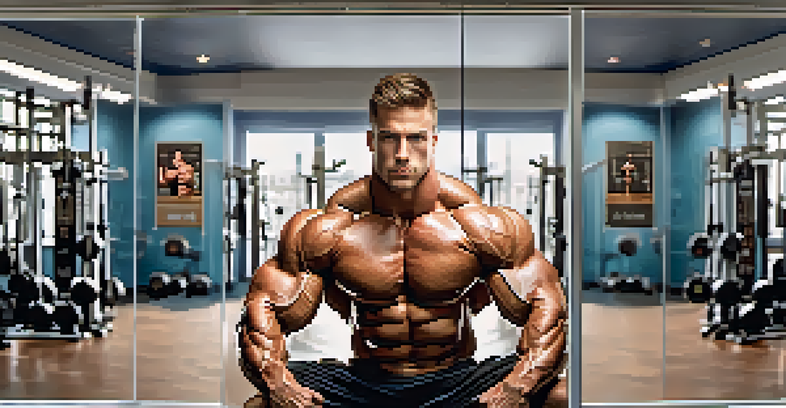 A bodybuilder posing in front of a mirror, reflecting determination and motivation in a gym setting.