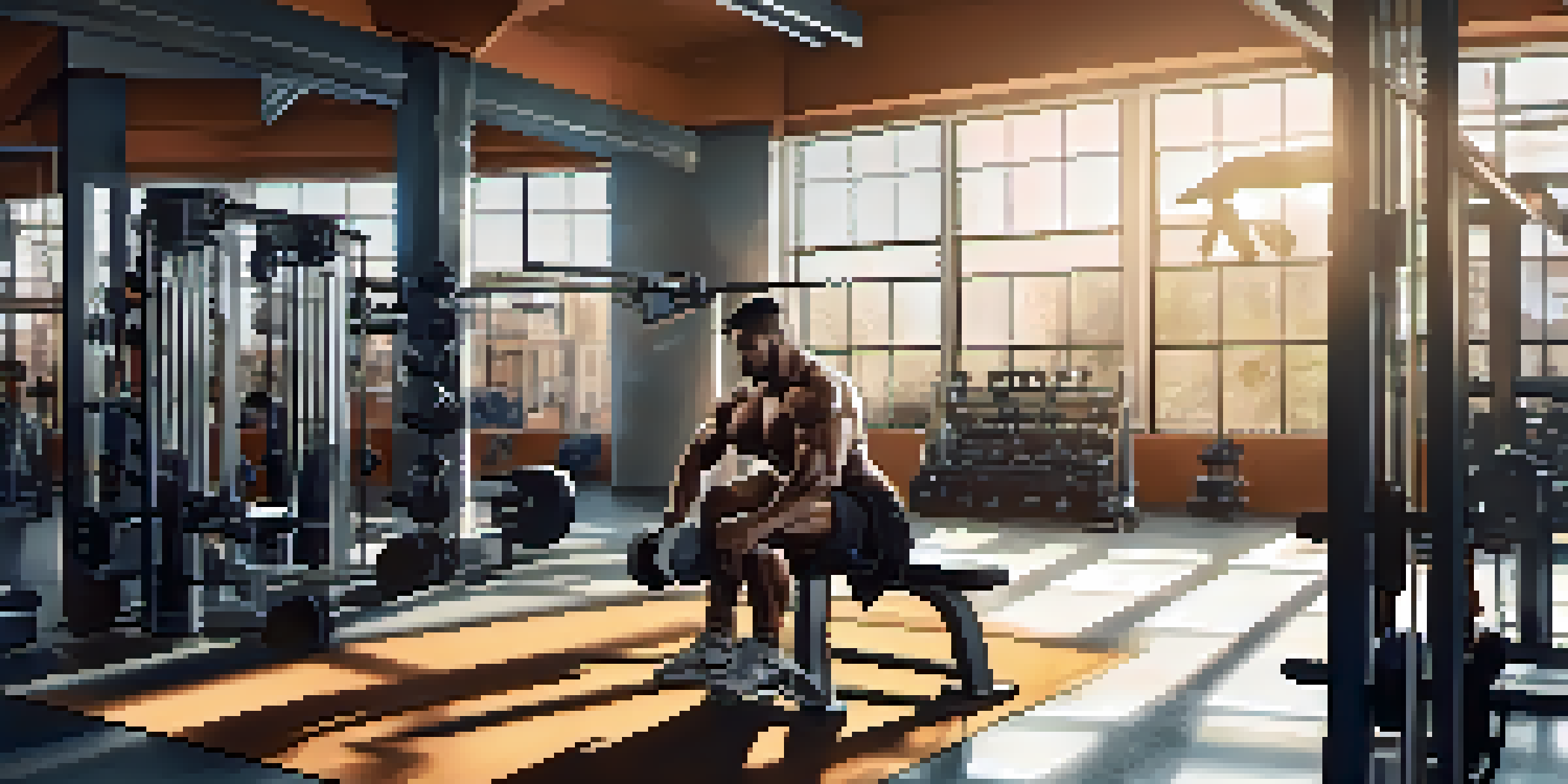 A focused bodybuilder lifting weights in a sunlit gym, with a water bottle on a nearby bench.
