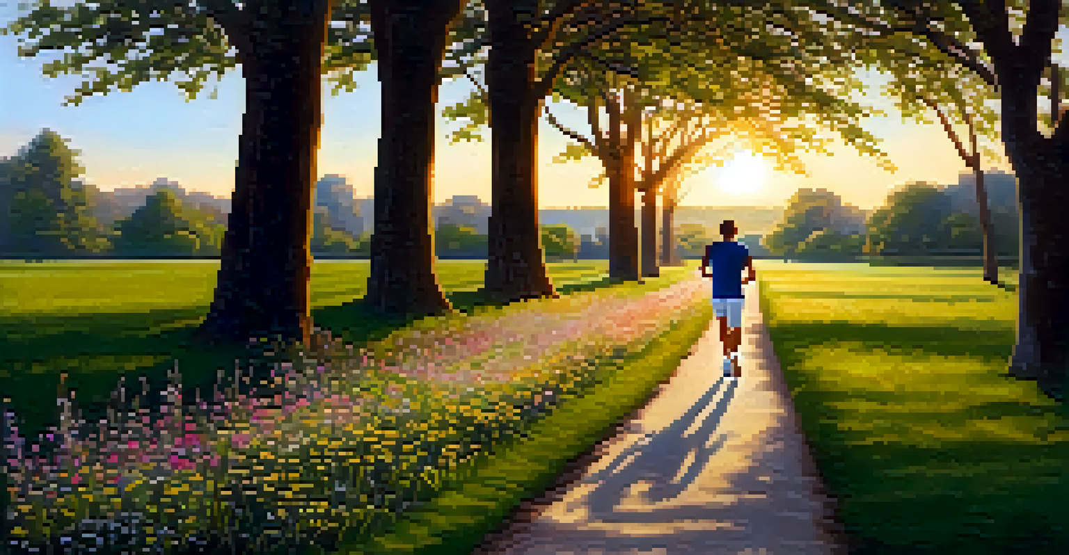 An individual jogging on a scenic path in a park during sunset, surrounded by trees and blooming flowers.
