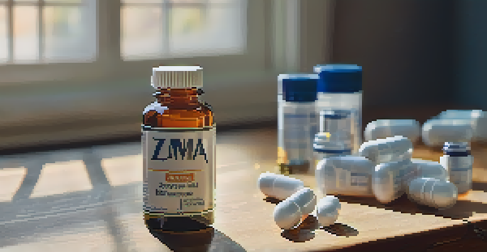 A wooden table with a close-up view of a ZMA supplement bottle and scattered zinc, magnesium, and vitamin B6 capsules, illuminated by soft morning light.