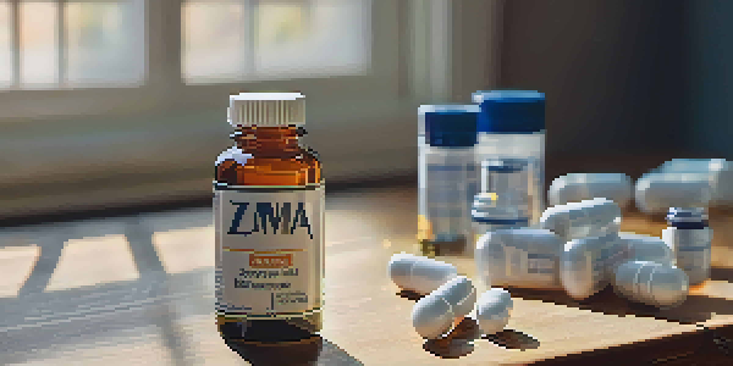 A wooden table with a close-up view of a ZMA supplement bottle and scattered zinc, magnesium, and vitamin B6 capsules, illuminated by soft morning light.