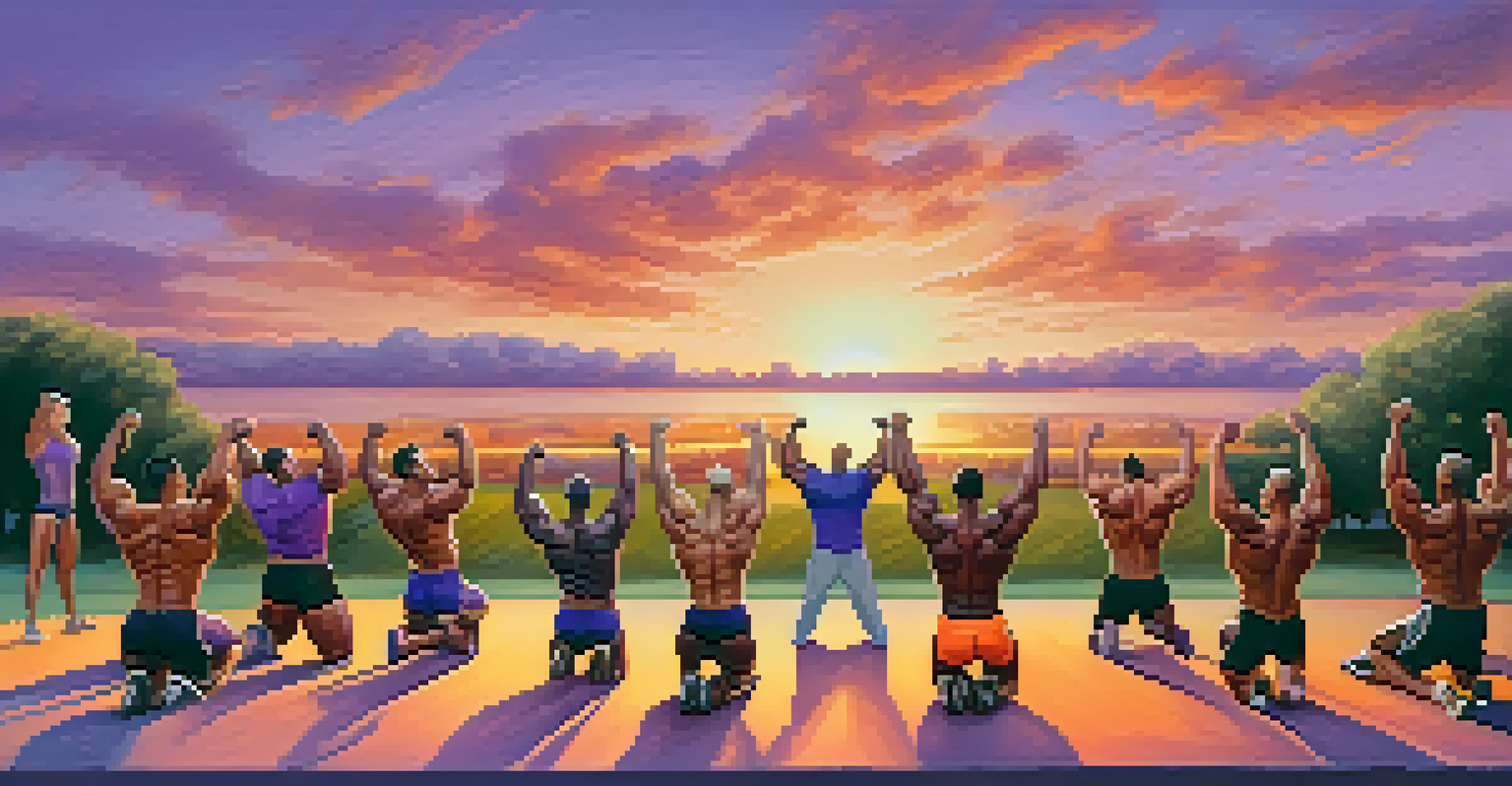 A group of diverse bodybuilders performing dynamic stretches in a park at sunset, with a colorful sky in the background.