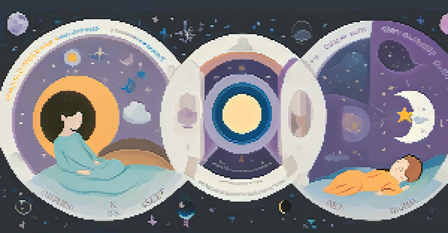 An infographic illustrating the four stages of sleep, with calming colors and icons representing each stage.