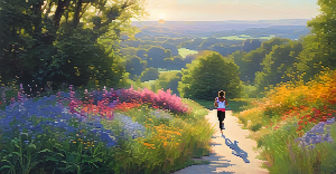 A group of diverse individuals exercising outdoors, with a woman jogging and a man cycling in a sunlit landscape filled with wildflowers and trees.