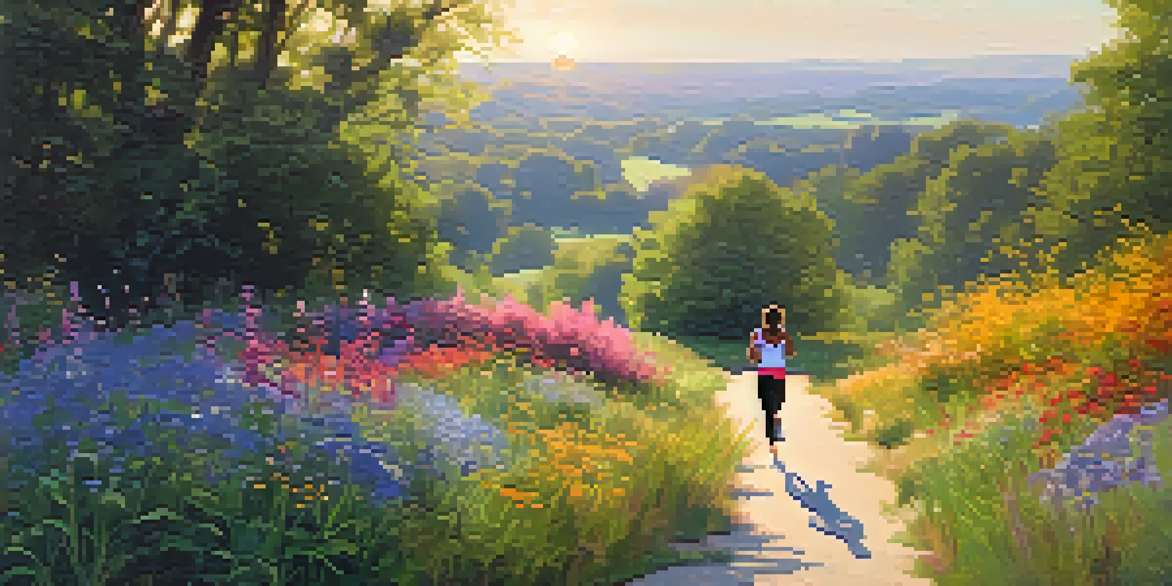 A group of diverse individuals exercising outdoors, with a woman jogging and a man cycling in a sunlit landscape filled with wildflowers and trees.