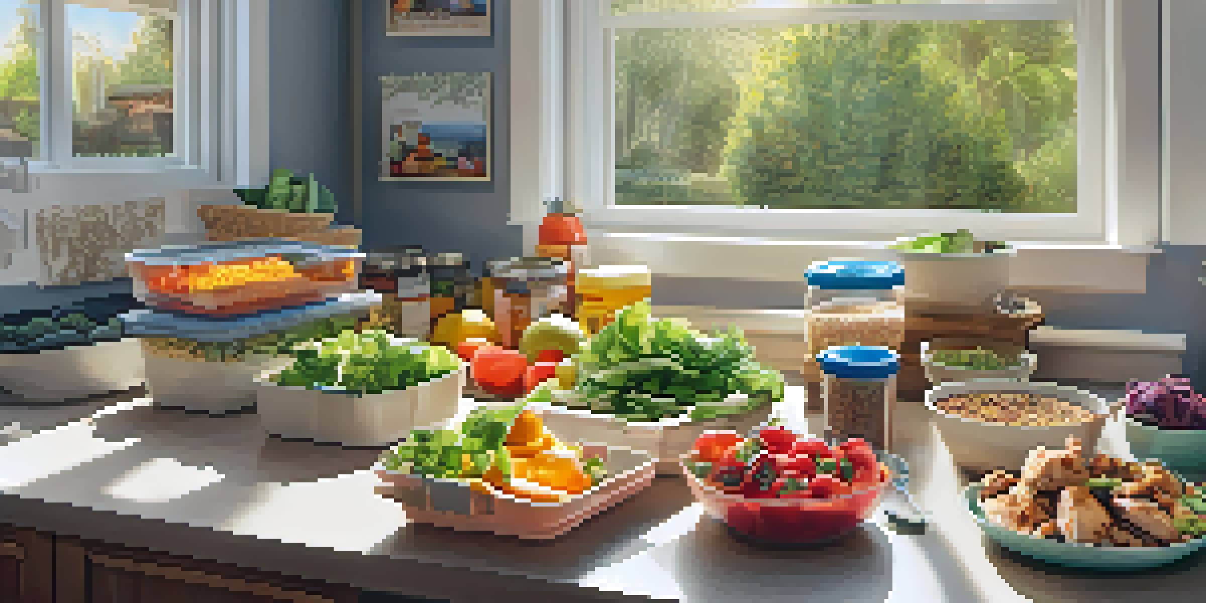 A meal prep station filled with colorful containers of healthy foods including chicken, quinoa, and vegetables, illuminated by sunlight.