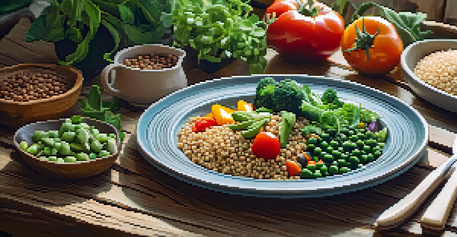 A plate of colorful plant-based food on a wooden table in a sunlit kitchen, highlighting sustainable nutrition.
