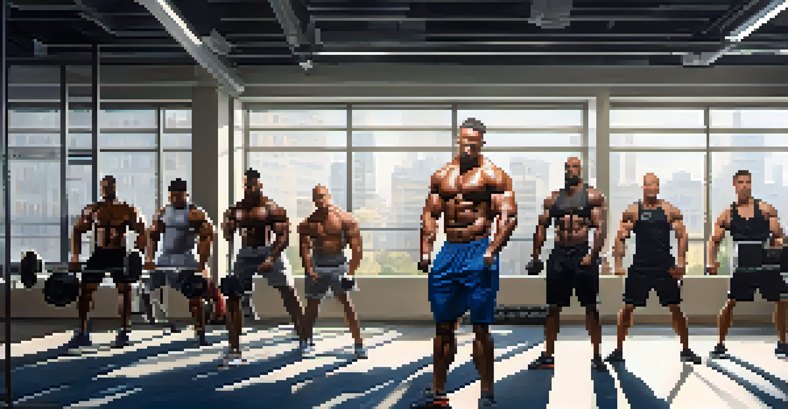 A group of diverse bodybuilders in a modern gym, engaged in high-intensity workouts, showcasing their focus and determination.