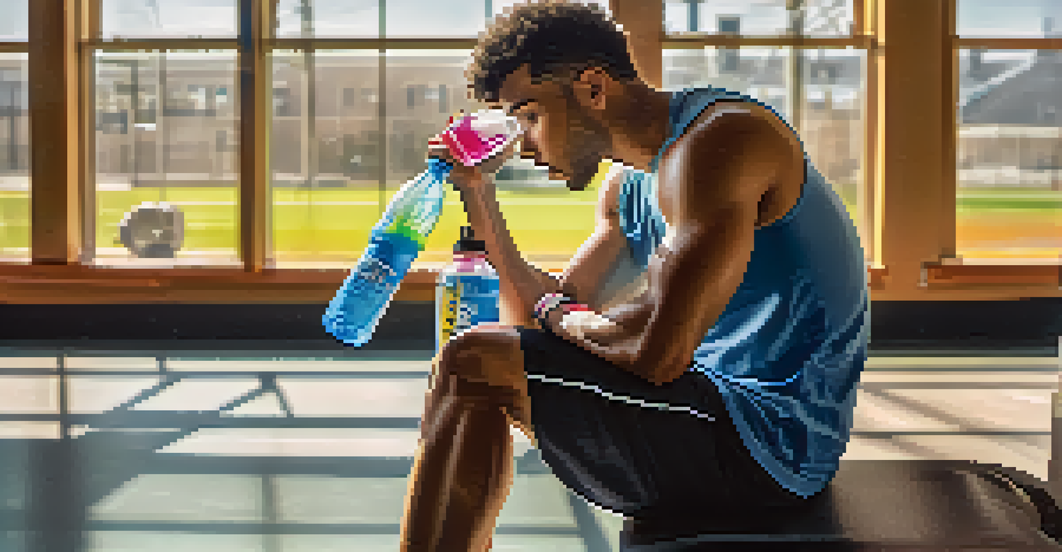 An athlete drinking a sports drink in a gym setting.