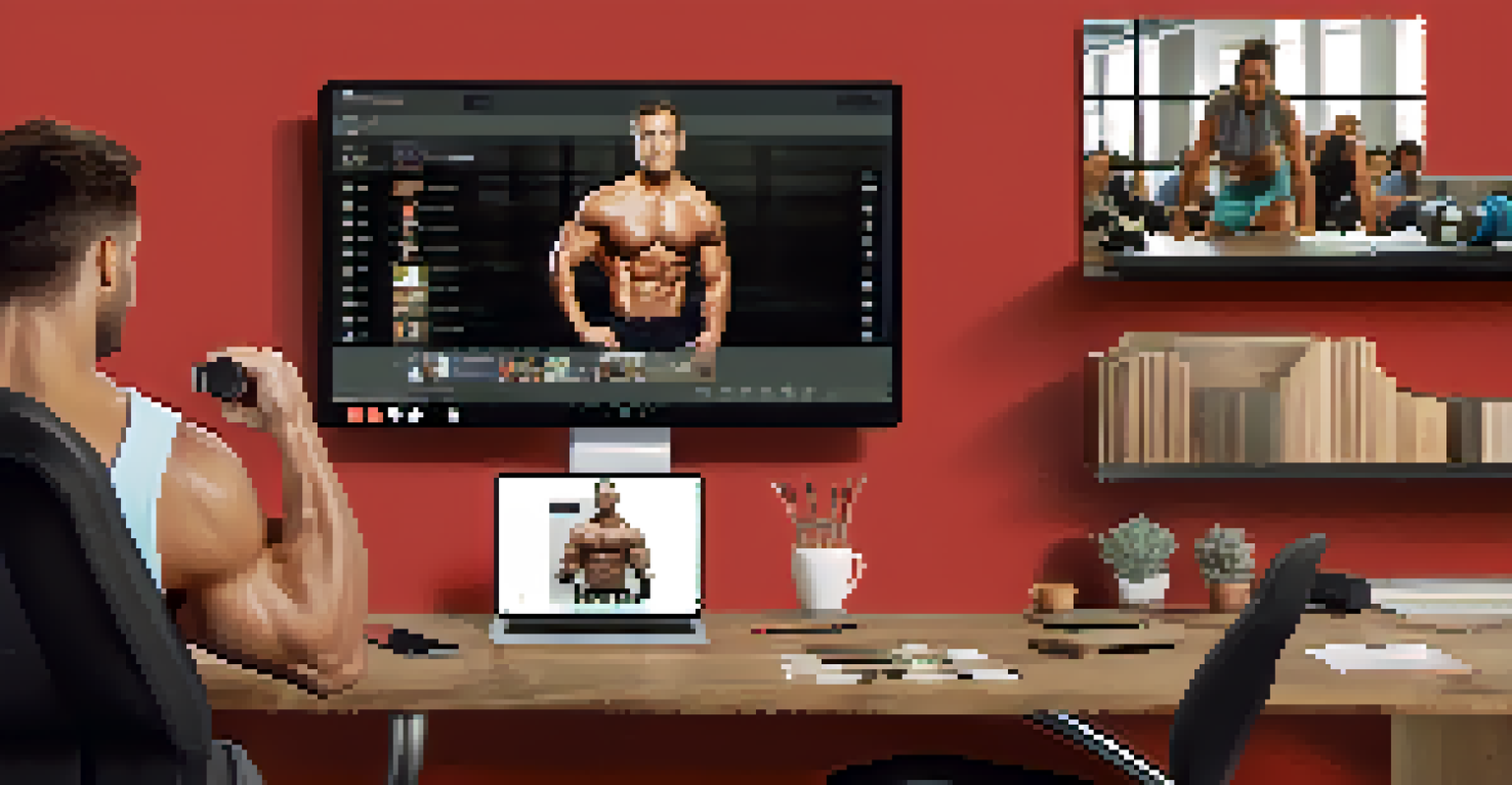 An online bodybuilding community in a virtual competition via video call, with fitness equipment in the background.