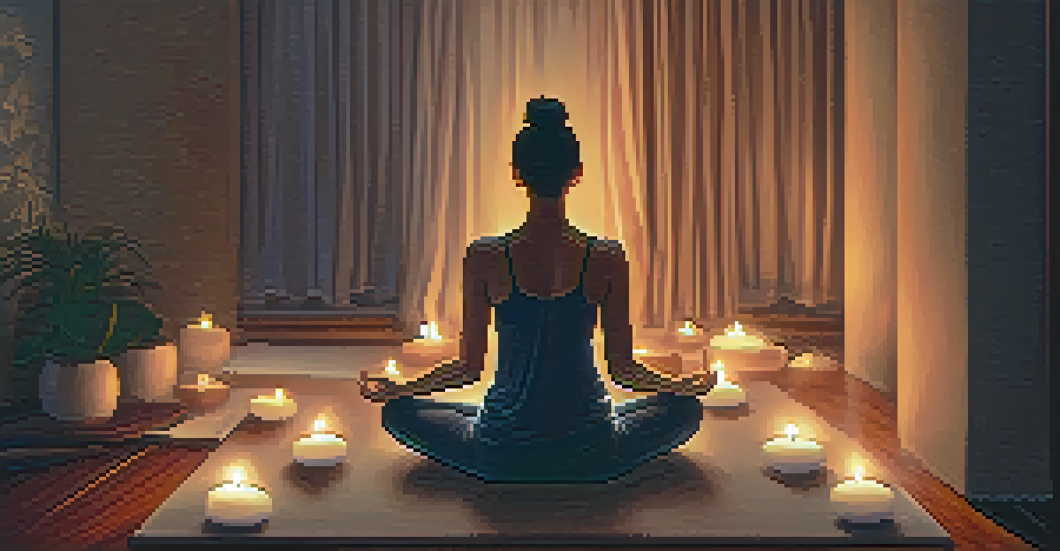 A person seated on a yoga mat practicing deep breathing in a softly lit room with candles, creating a calming atmosphere for relaxation.