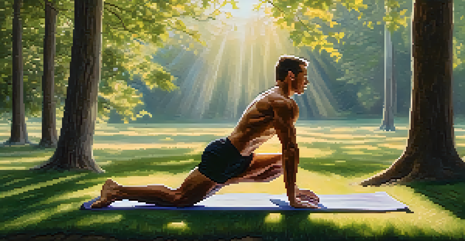 A bodybuilder practicing yoga outdoors, performing a stretching pose on a mat surrounded by nature.