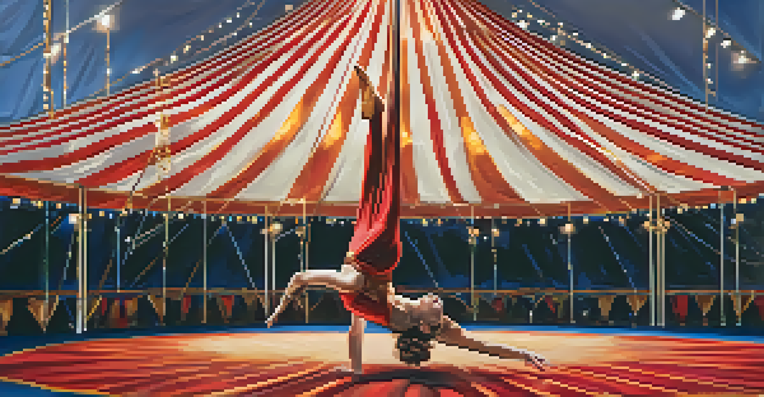 A performer engaged in aerial arts, suspended on silks in a colorful circus tent, with warm lighting accentuating their movements.