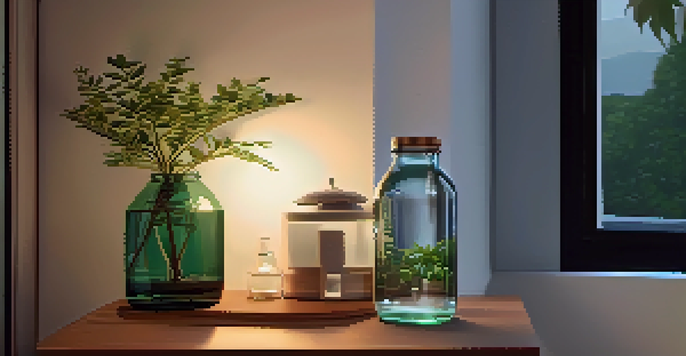 A bedside table with a bottle of ZMA supplement and a glass of water, softly illuminated by warm light, with a moonlit window and a small plant.