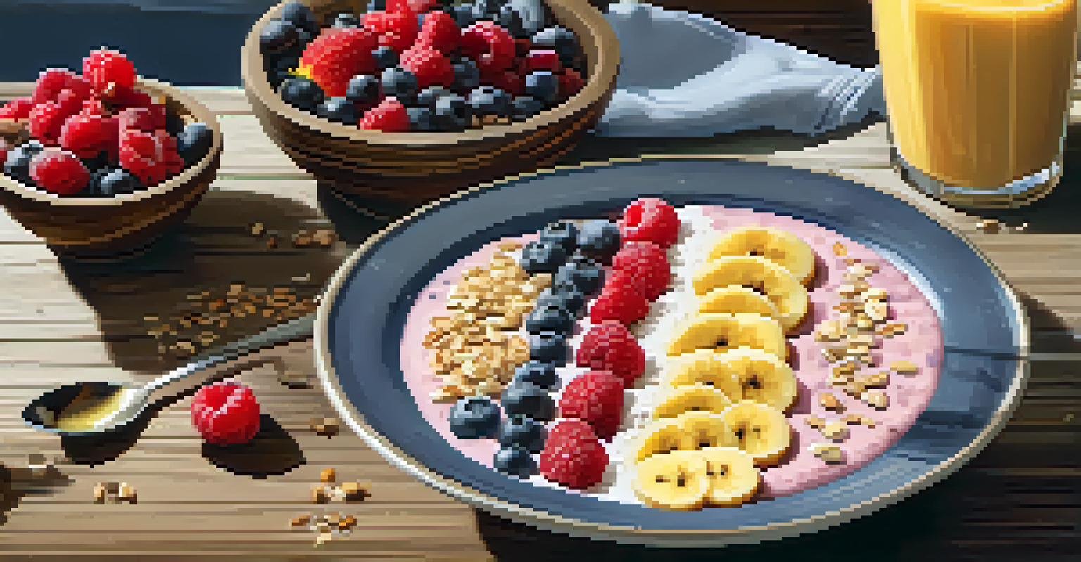 A breakfast scene with a smoothie bowl made from whey protein, topped with fruits and nuts, alongside a glass of juice.
