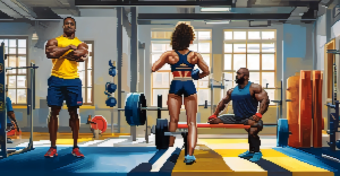 A diverse group of individuals working out in a modern gym, including a powerlifter, a woman on a bench press, and a person using resistance bands.