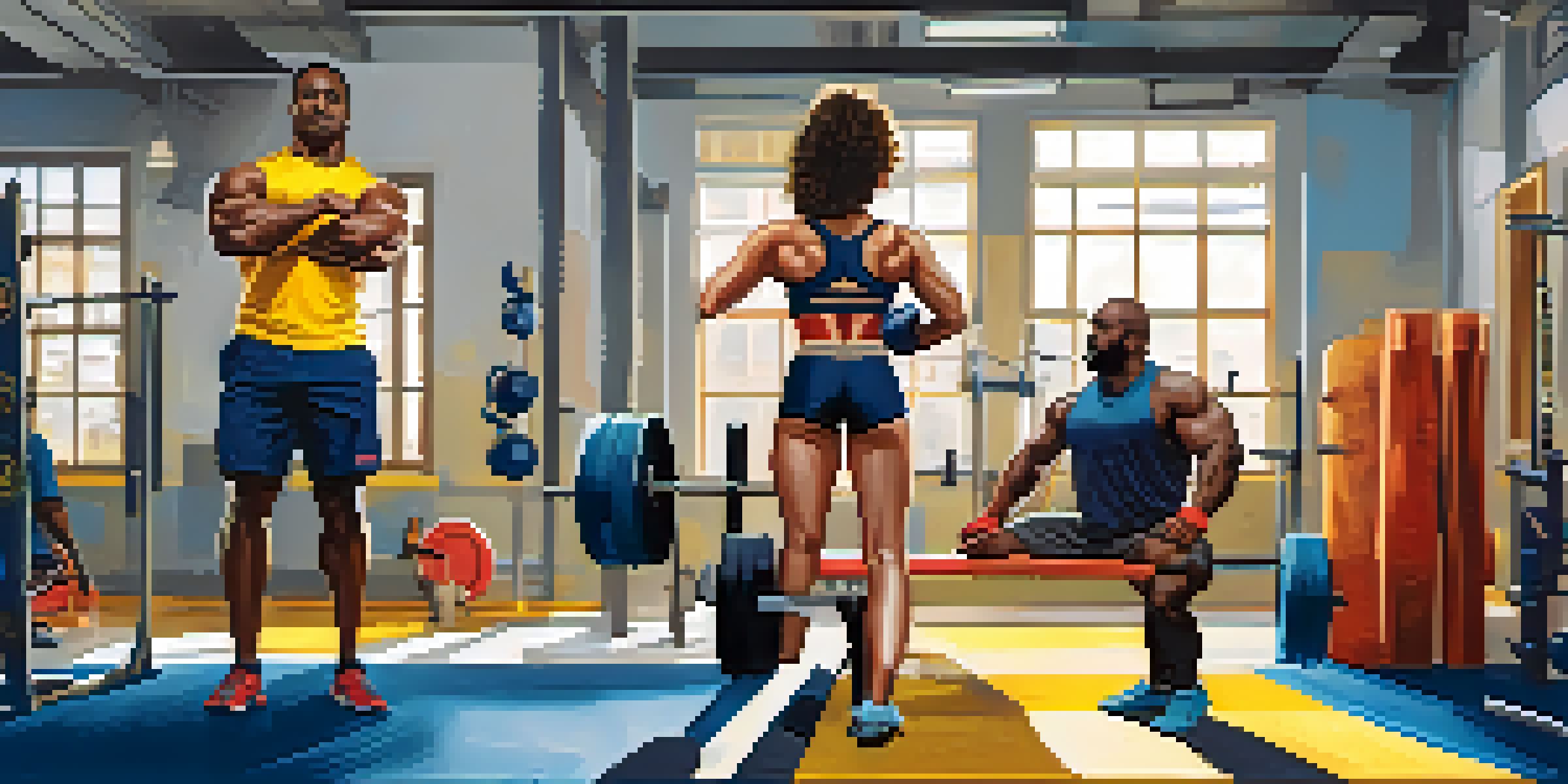 A diverse group of individuals working out in a modern gym, including a powerlifter, a woman on a bench press, and a person using resistance bands.